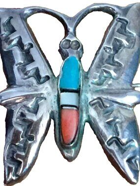 VINTAGE ZUNI BUTTERFLY BROOCH PIN SIGNED TURQUOISE CORAL INLAY STERLING SILVER
